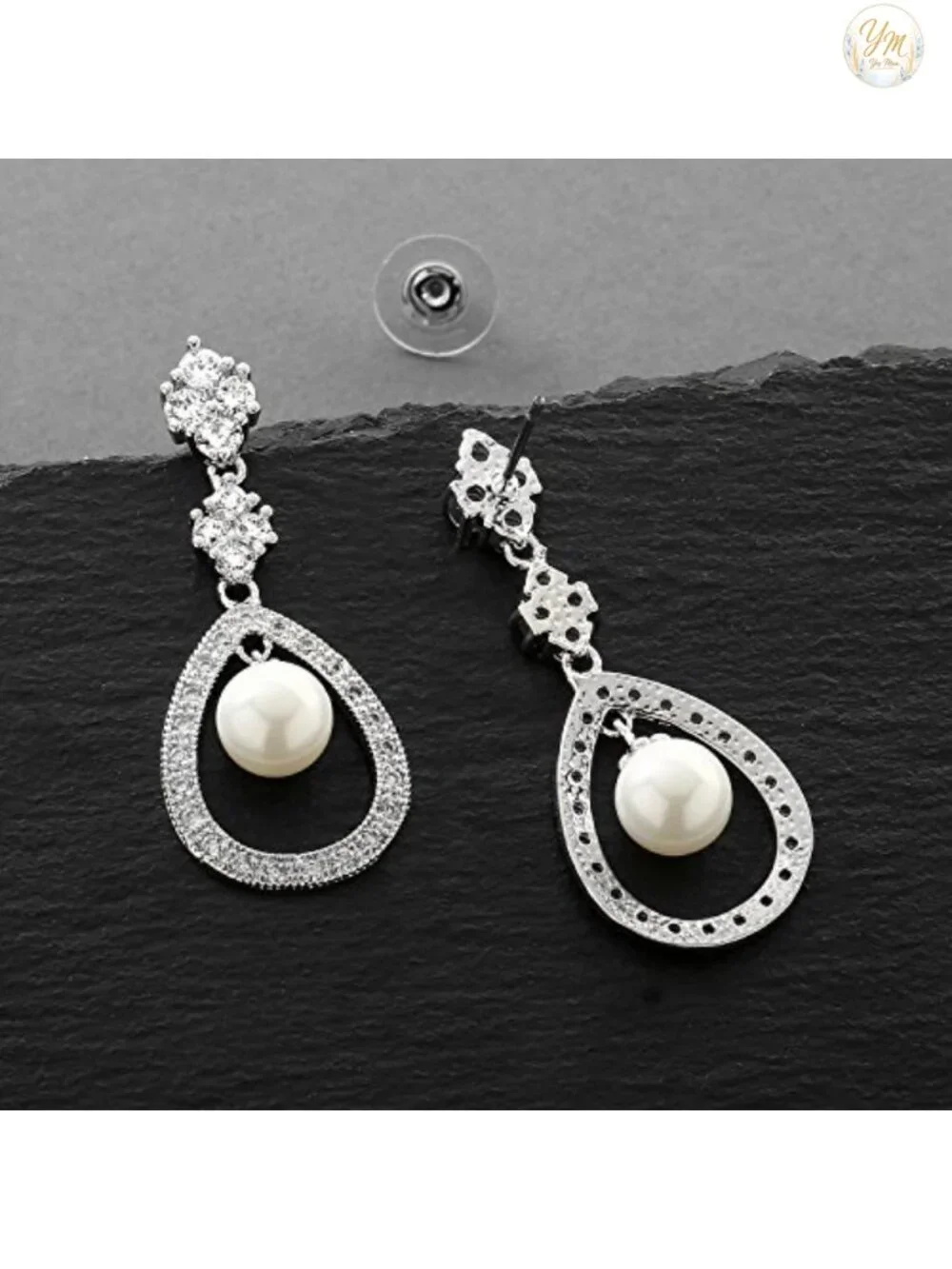 Pearl & CZ Drop Earrings for Bride, Bridesmaid, Prom, Mother of Bride Rhodium